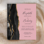 Budget Black Gold Agate Pink Hochzeit Einladung<br><div class="desc">Die links Seite dieses eleganten,  modernen Hochzeitseinladens besticht durch einen schwarzen Aquarellrahmen,  der mit vergoldetem Imitat bestickt ist. Der anpassbare Text kombiniert schwarze Handschrift,  Copperplate und kursiv Schriftart auf einem rosa Hintergrund. Auf der Rückseite ist ein passendes schwarz-goldfarbenes Agerat-Design zu sehen.</div>