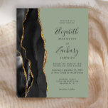 Budget Black Gold Agate Sage Green Wedite Einladun<br><div class="desc">Die links Seite dieses eleganten,  modernen Hochzeitseinladens besticht durch einen schwarzen Aquarellrahmen,  der mit vergoldetem Imitat bestickt ist. Der anpassbare Text kombiniert goldfarbene Handschrift,  Copperplate und kursiv Schriftart auf einem schlüpfen grünen Hintergrund. Auf der Rückseite ist ein passendes schwarz-goldfarbenes Agerat-Design zu sehen.</div>