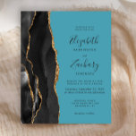 Budget Black Gold Agate Turquoise Hochzeit Einladu<br><div class="desc">Die links Seite dieses eleganten,  modernen Hochzeitseinladens besticht durch einen schwarzen Aquarellrahmen,  der mit vergoldetem Imitat bestickt ist. Der anpassbare Text kombiniert schwarze Handschrift,  Copperplate und kursiv Schriftart auf türkisfarbenem Hintergrund. Auf der Rückseite ist ein passendes schwarz-goldfarbenes Agerat-Design zu sehen.</div>
