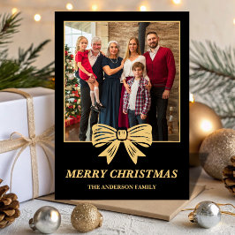 Budget Black & Gold Bow Family Christmas Photo Feiertagskarte