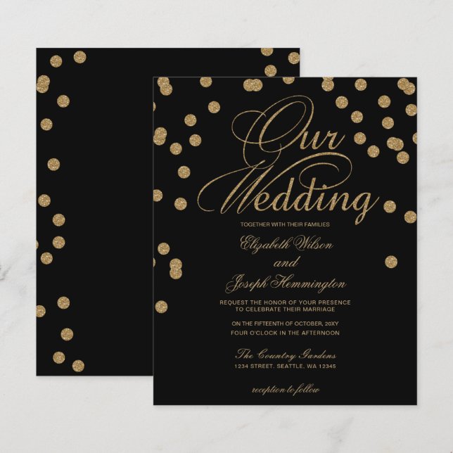 Budget Black Gold Confetti Hochzeit Einladung (Vorne/Hinten)