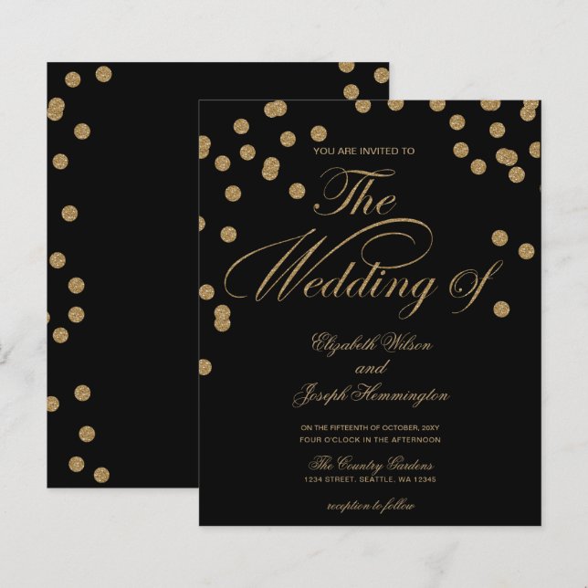 Budget Black Gold Confetti Hochzeit Einladung (Vorne/Hinten)