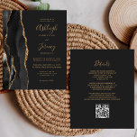 Budget Black Gold Dunkel QR Code Hochzeitsempfehlu<br><div class="desc">Rett die Kosten für das Drucken und Verschicken separater RSVP-Karten mit dieser eleganten, modernen All-in-One-Hochzeitseinladung. Der links Rand ist mit einem schwarzen Aquarellstreifen versehen, der mit goldenen Imitaten Glitzer bestickt ist. Der anpassbare Text kombiniert goldfarbene Handschrift, Copperplate und kursiv Schriftart auf schwarzem Schieferboden. Die Rückseite bietet Platz für Hochzeitsdetails auf...</div>