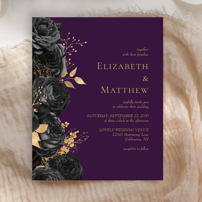 Budget Black Gold Floral Lila Hochzeit Einladung (Von Creator hochgeladen)