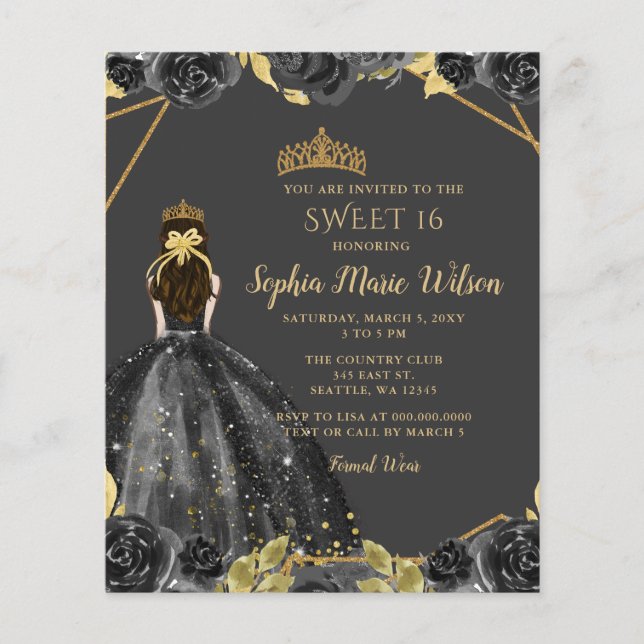 Budget Black Gold Floral Princess SWEET 16 (Vorderseite)
