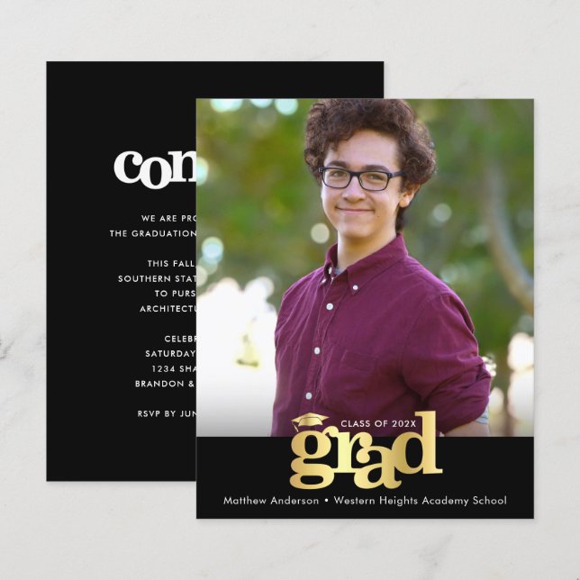 Budget Black Gold Foto Abschluss Fett Cap Einladun (Vorne/Hinten)