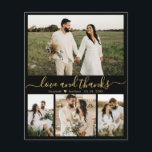 Budget Black Gold Foto Hochzeit Dankeschön Card<br><div class="desc">Budget, modern, elegant, Hand Lettered Wedding Vier (4) Foto Collage Danke Karte in Schwarz und Gold. Stilvolle Hochzeit dank der Kartenvorlage mit 4 Foto auf der Vorderseite und einem Foto auf der Rückseite. Mit dem Text "Liebe und Dank" in einer Wirblen Hand geschrieben Typografie Skript Swash-Schwanz Schriftart in goldener Farbe...</div>