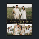 Budget Black Gold Foto Hochzeit Dankeschön Card<br><div class="desc">Budget, modern, elegant, Hand Lettered Wedding Vier (4) Foto Collage Danke Karte in Schwarz und Gold. Stilvolle Hochzeit dank der Kartenvorlage mit 4 Foto auf der Vorderseite und einem Foto auf der Rückseite. Mit dem Text "Liebe und Dank" in einer Wirblen Hand geschrieben Typografie Skript Swash-Schwanz Schriftart in goldener Farbe...</div>