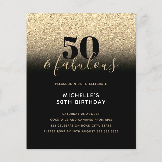 Budget Black Gold Glitzer 50. Geburtstag Einladung (Vorderseite)