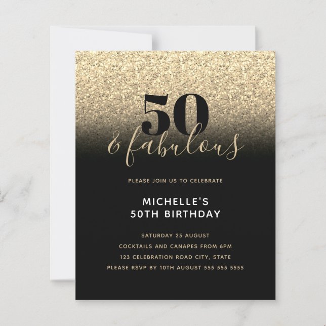 Budget Black Gold Glitzer 50. Geburtstag Einladung (Vorderseite)