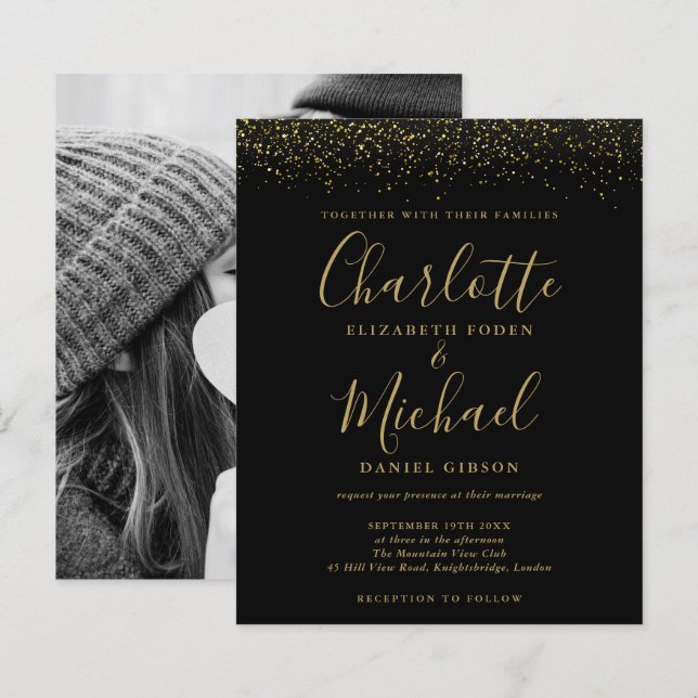 Budget Black Gold Glitzer Foto Hochzeit Einladung (Vorne/Hinten)