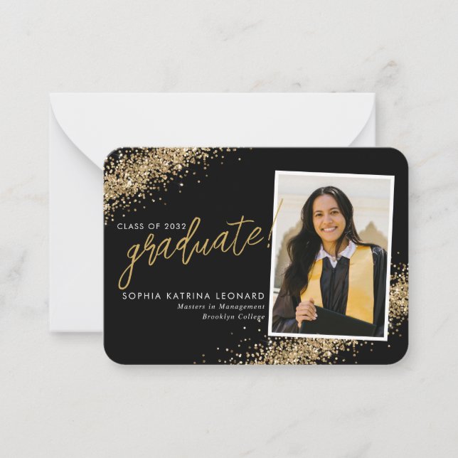 Budget Black Gold Glitzer Grad Foto Abschluss Mitteilungskarte (Vorderseite)
