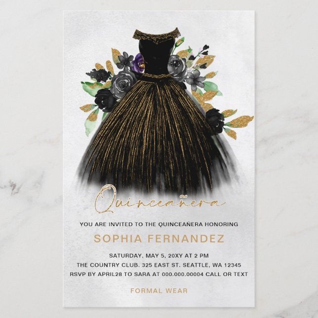 Budget Black Gold Glitzer Kleid Quinceañera Einlad (Vorderseite)