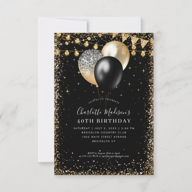 Budget Black Gold Glitzern Lights Balloon Geburtst Mitteilungskarte (Vorderseite)