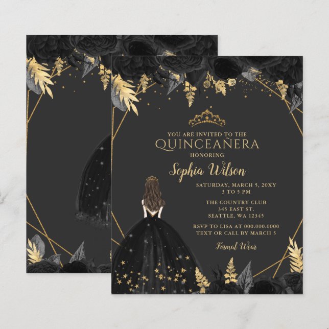 Budget Black Gold Princess Quinceañera Einladung (Vorne/Hinten)