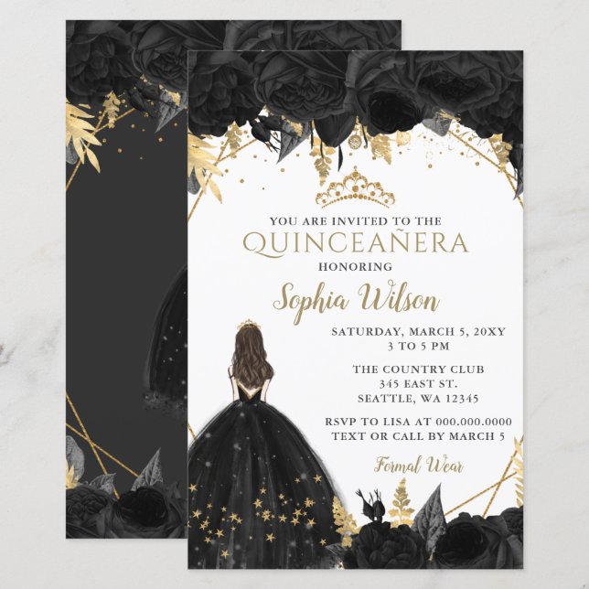 Budget Black Gold Princess Quinceañera Einladung (Vorne/Hinten)