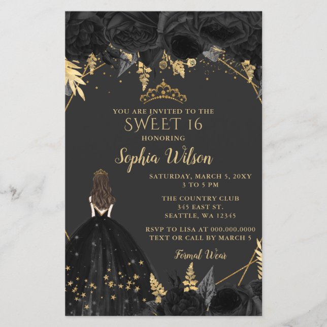 Budget Black Gold Princess SWEET 16 Einladung (Vorderseite)