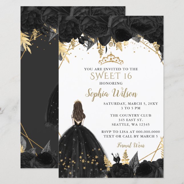 Budget Black Gold Princess SWEET 16 Einladung (Vorne/Hinten)
