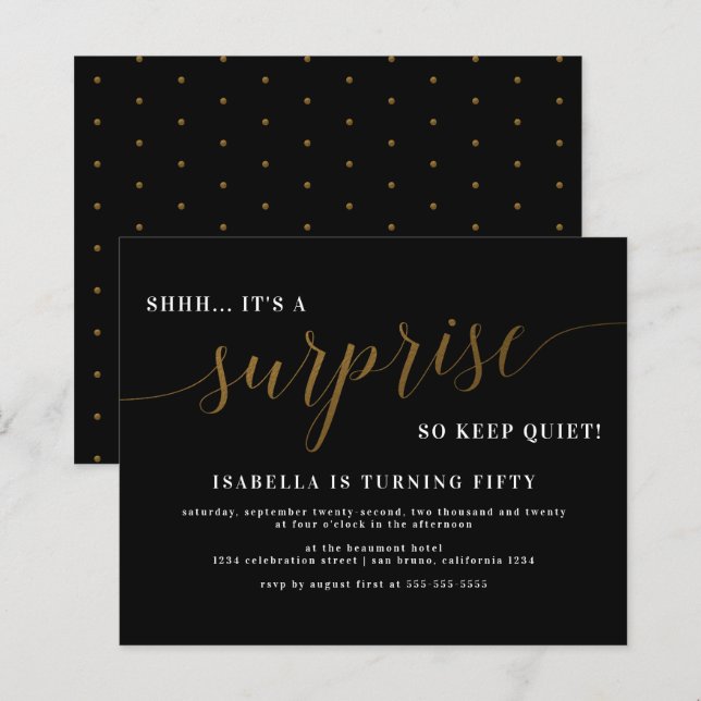Budget Black & Gold Script Überraschung Geburtstag (Vorne/Hinten)