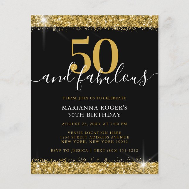 Budget Black Gold Sparkle 50. Geburtstag Einladung (Vorderseite)