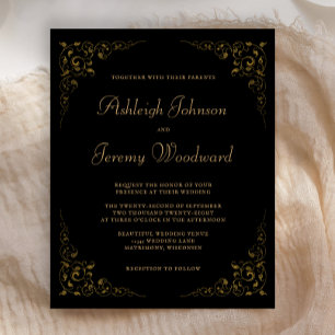 Budget Black Gold Vintage Laub Hochzeitseinladung