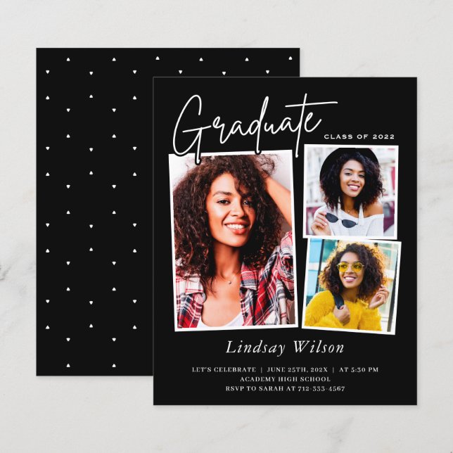 Budget Black Grad 3 Foto Graduation Einladungen (Vorne/Hinten)