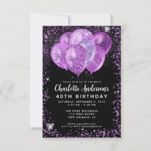 Budget Black Lila Glam Glitzer Balloon Birthday Mitteilungskarte