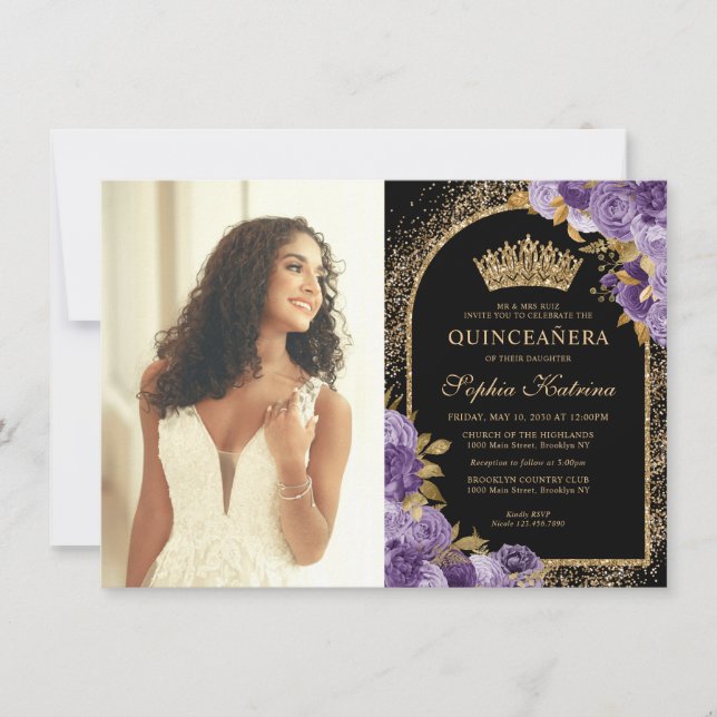 Budget Black Lila Gold Floral Foto Quinceanera Mitteilungskarte (Vorderseite)