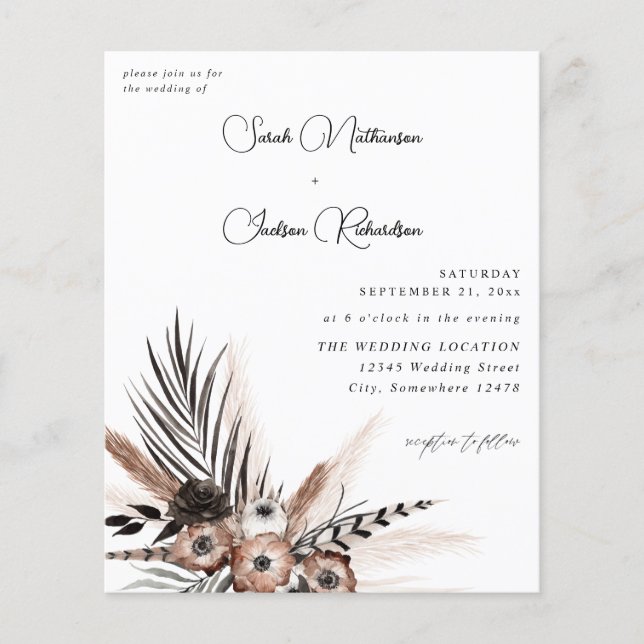 Budget Black & Natural Floral Boho Hochzeit Flyer (Vorne)