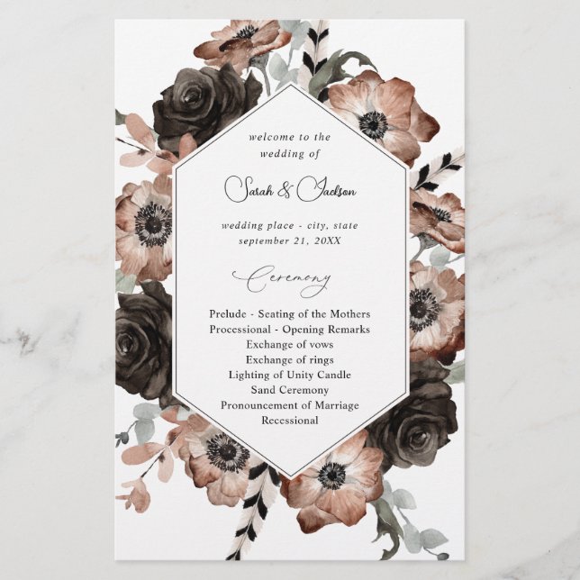 Budget Black &NaturalFloral Boho Wedding Program M Flyer (Vorne)