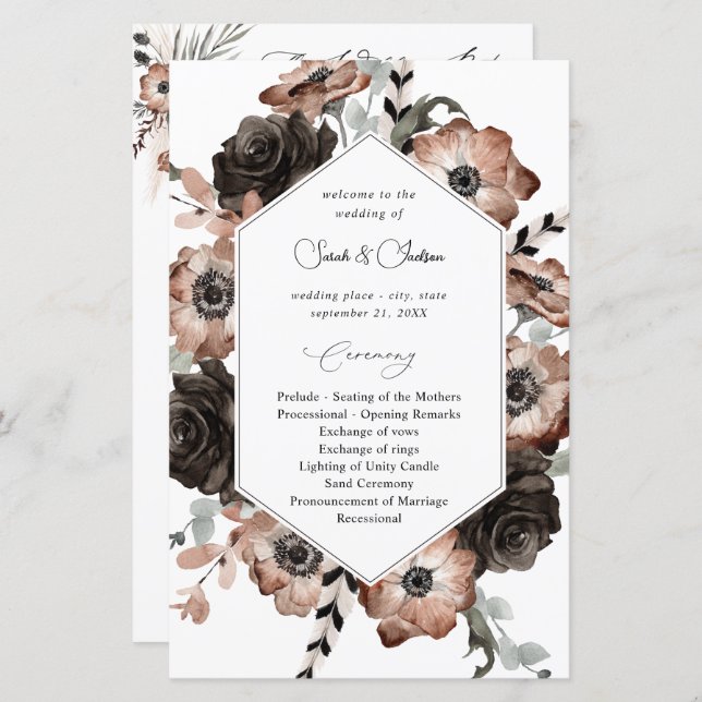 Budget Black &NaturalFloral Boho Wedding Programme (Devant / Derrière)