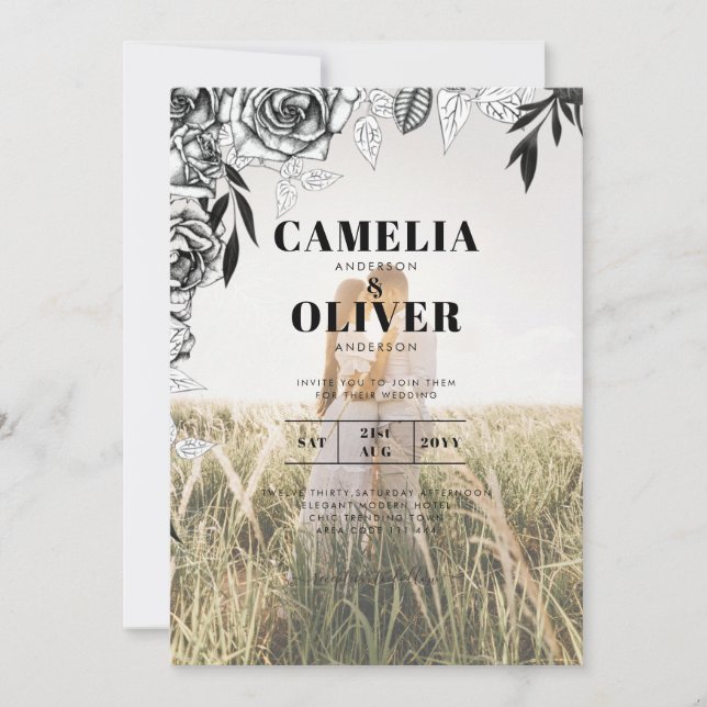 Budget Black Rose FOTO OVERLAY Hochzeit Einladung (Vorderseite)