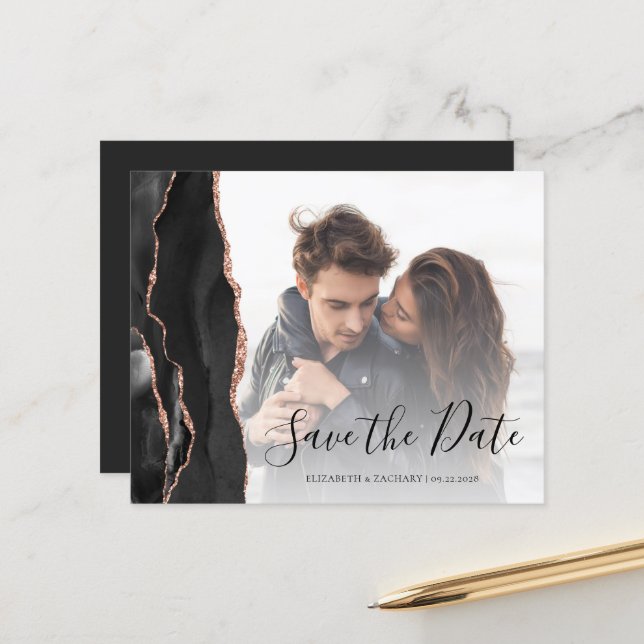 Budget Black Rose Gold Agate 6-Foto Save the Date (Vorderseite/Rückseite Beispiel)