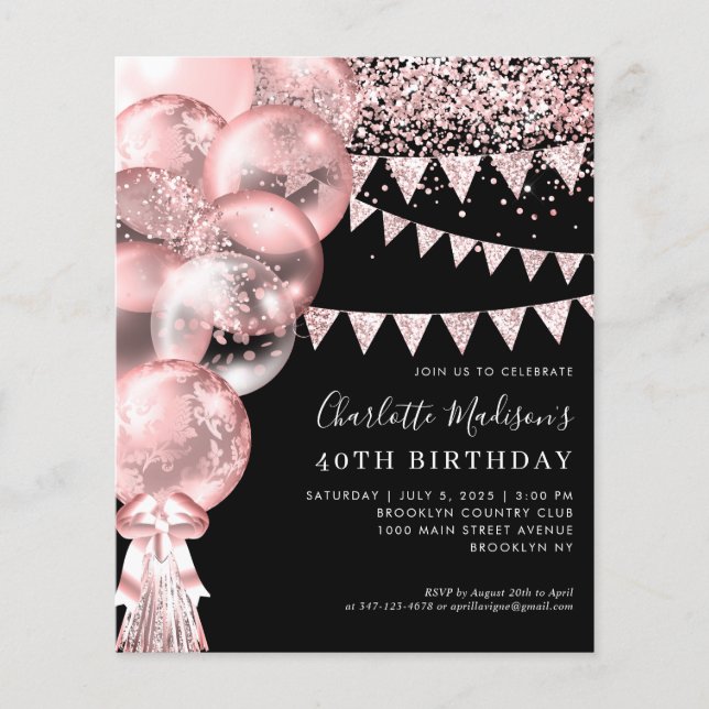 Budget Black Rose Gold Ballon jedes Alter Geburtst Flyer (Vorne)
