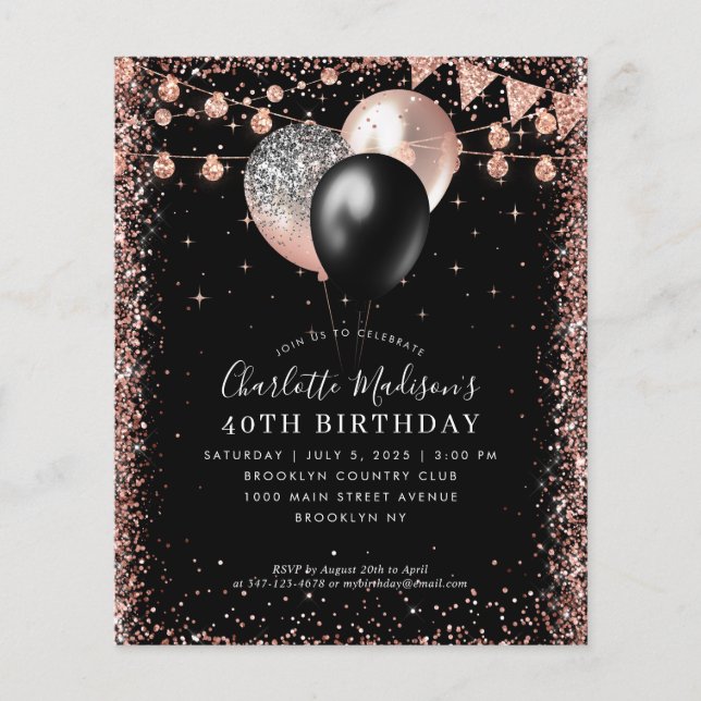 Budget Black Rose Gold Glitzer Ballon Geburtstag (Vorderseite)