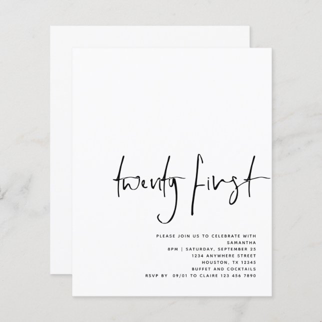 Budget Black Script White 21. Geburtstag Einladung (Vorne/Hinten)