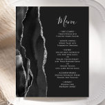 Budget Black Silver Agate Dark Wedding Menü<br><div class="desc">Die links Seite dieses eleganten,  modernen Hochzeitsmenüs besticht durch einen schwarzen Aquarellrahmen,  der mit Imitaten aus silberem Glitzer besticht. Der anpassbare Text kombiniert silbergraue Handschrift-Skripte und Copperplate-Schriftart auf einem schwarzen Hintergrund. Auf der Rückseite ist ein passendes schwarz-silberfarbenes Design erkennbar.</div>