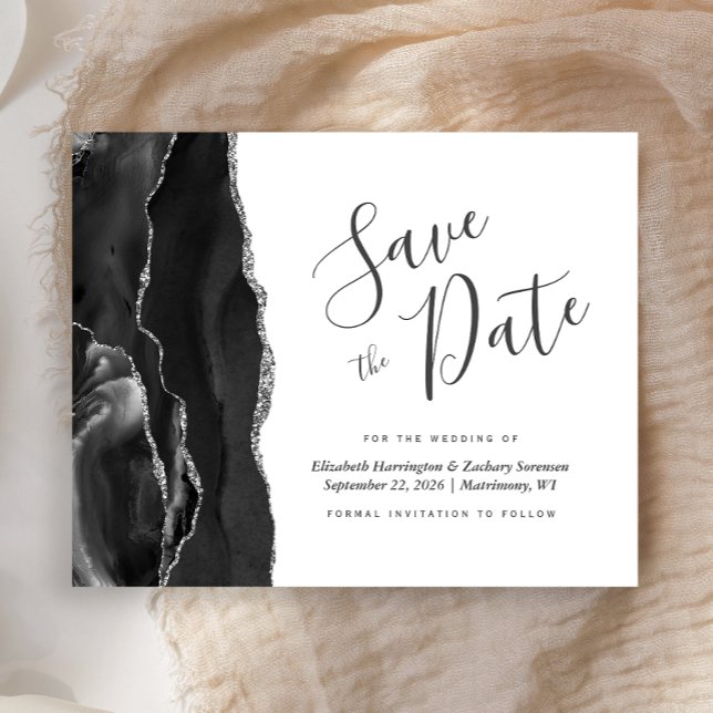 Budget Black Silver Agate Save the Date Card (Von Creator hochgeladen)