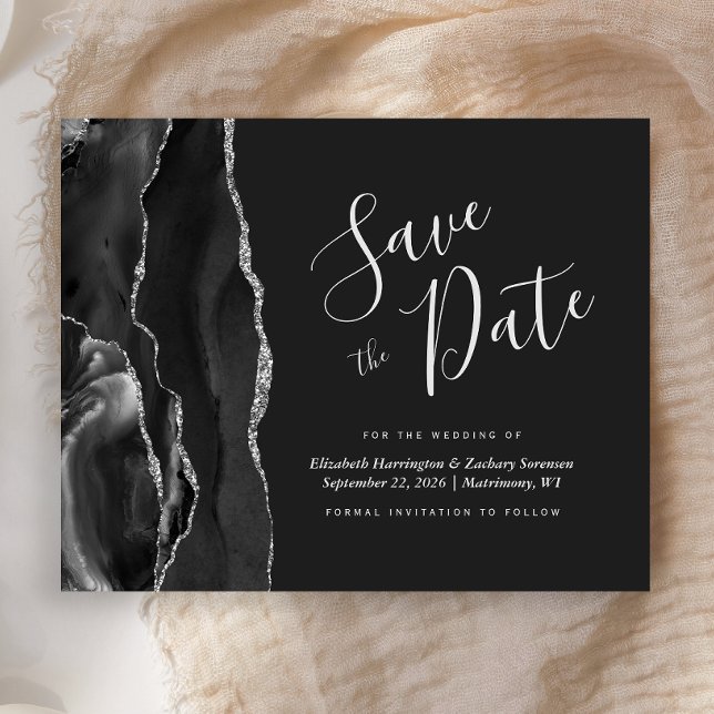 Budget Black Silver Agate Save the Date Card (Von Creator hochgeladen)