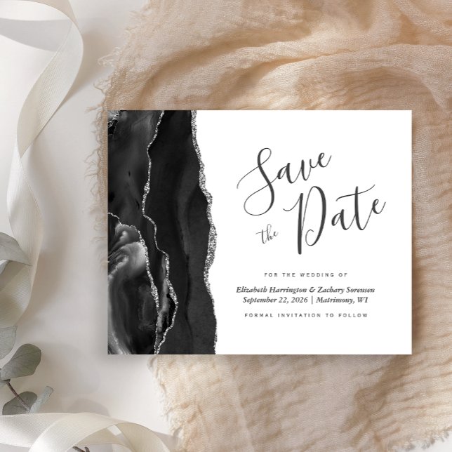 Budget Black Silver Agate Save the Date Card (Von Creator hochgeladen)