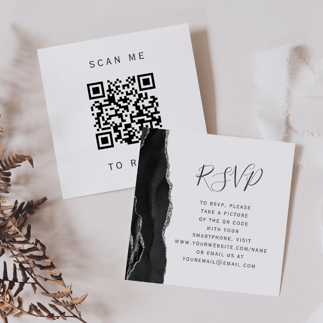 Budget Black Silver Agate Wedding QR Code UAWG Begleitkarte (Von Creator hochgeladen)
