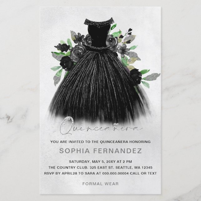 Budget Black Silver Dress Quinceañera Einladung (Vorderseite)
