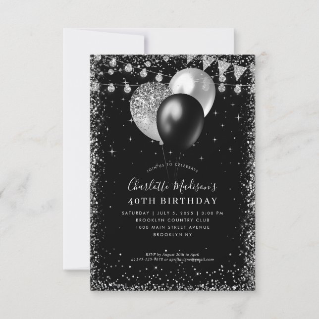 Budget Black Silver Glitzer Balloon Beleuchtung Ge Mitteilungskarte (Vorderseite)