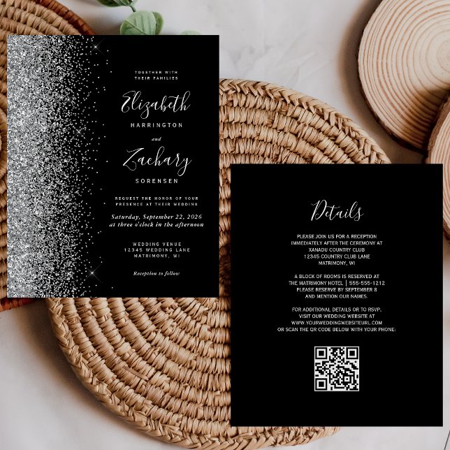 Budget Black Silver Glitzer QR Code Hochzeit (Von Creator hochgeladen)