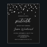 Budget Black Silver Script 60. Geburtstag Einladun<br><div class="desc">Dieses moderne Design zeigt Imitate silberne Folie dreieckige Konfetti auf einem schwarzen Hintergrund. Das Wort "sechzig" erscheint in eleganter hellgrauer Schrift. Personalisieren Sie die Einladung mit dem Ehrengast im Script, zusammen mit Datum, Veranstaltungsort und anderen Details in Sans Serif Schriftart. Der Text kann für jedes Jahr Geburtstag angepasst werden.</div>