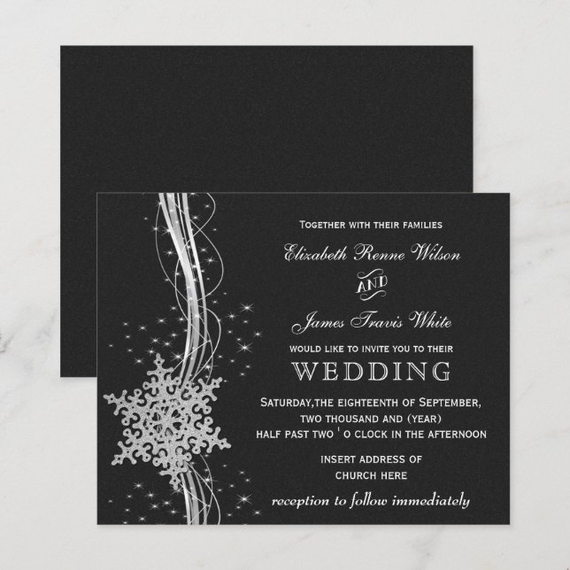 Budget Black Silver Snowflakes Hochzeitseinladunge (Vorne/Hinten)