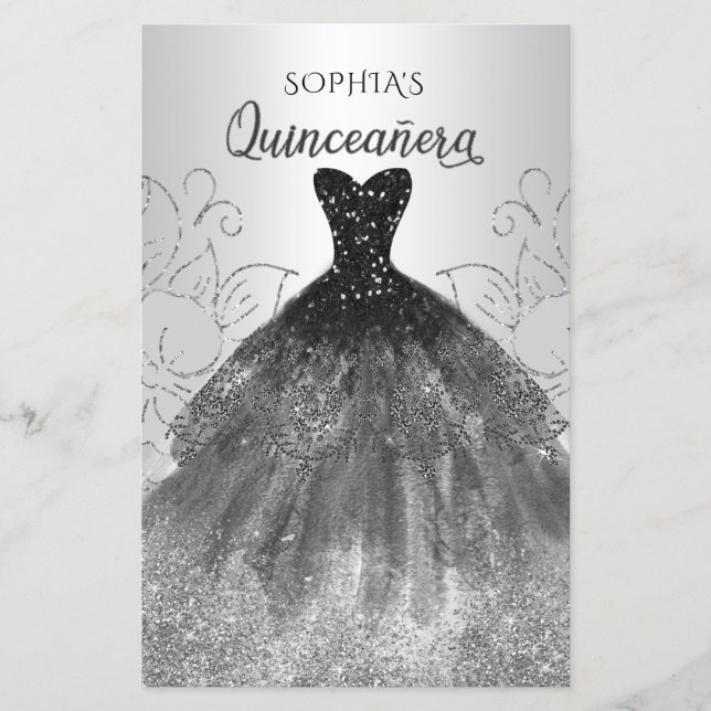Budget Black Sparkle Dress Quinceañera Einladung (Vorderseite)