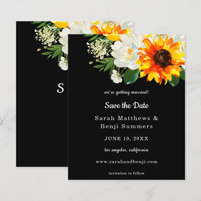 Budget Black Sunflower & Whi Floral Save the Date (Vorne/Hinten)