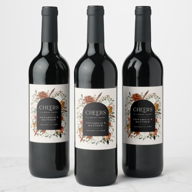 Budget black, Terracotta florale Gastgeschenk Hoch Weinetikett (Flaschen)