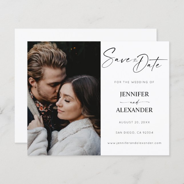 Budget Black & White Calligraphy Save the Date (Vorne/Hinten)